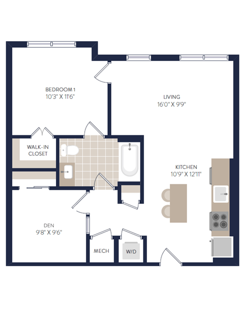 Floor plan for 1 bed, 1 bath, 757 sqft